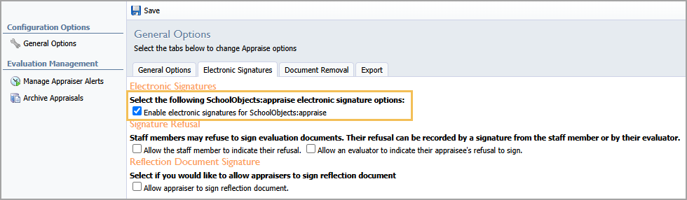 Settings for enabling electronic signatures, allowing staff members to refuse to sign, and allowing the signing of reflections.